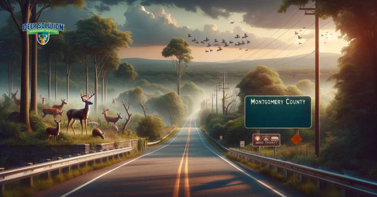 Landscape of Montgomery County portraying the deer dilemma, showing deer near roadways and natural habitats, emphasizing increasing road hazards and ecological concerns