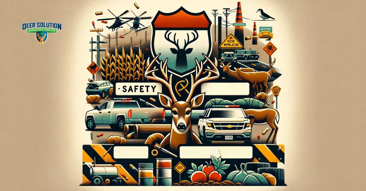 An image showing symbolic road safety hazards and agricultural distress, such as disrupted traffic signs and damaged crops, representing the dual challenges faced in Morris County due to deer overpopulation