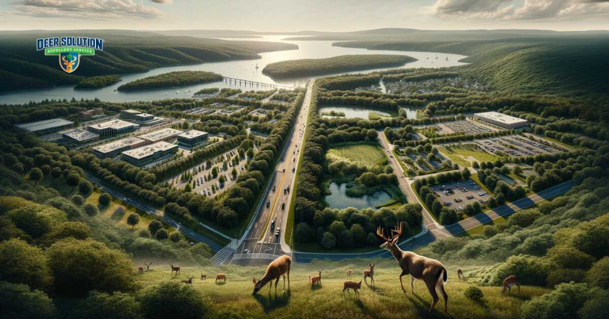 Landscape of Nassau County illustrating 'Deer Challenge', focusing on balancing public safety and environmental health, showcasing areas of human-deer interaction and ecological preservation efforts