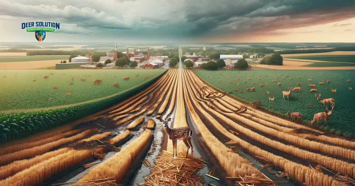 Image depicting agricultural distress with damaged crops and fields, alongside ecological imbalance, symbolizing the impact of deer overpopulation on Northampton County's agriculture and natural habitats