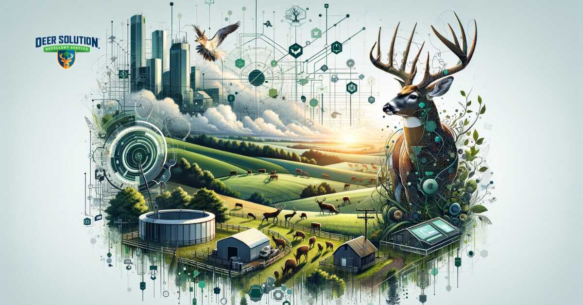 Image depicting the fusion of modern deer management strategies with the natural environment of Lancaster County, showcasing technological tools and data-driven approaches amidst green landscapes