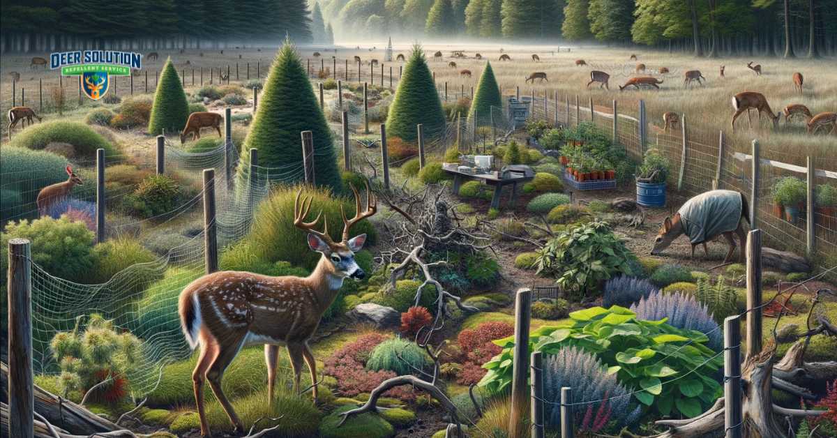 A landscape in New York County, NY, depicting damaged shrubs and plants due to deer, with protective measures like fencing and netting, and a few deer in the background, symbolizing the ongoing battle to protect local flora