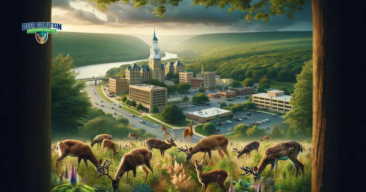 Northampton County landscape showcasing 'The Balancing Act of Ecology and Safety', depicting the impact of deer on natural and human-inhabited areas, emphasizing the challenges in managing deer populations for ecological conservation and public safety