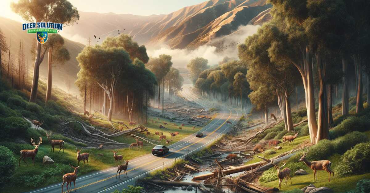 Orange County landscape depicting the deer dilemma, focusing on balancing road safety and ecological conservation amid rising deer-related incidents