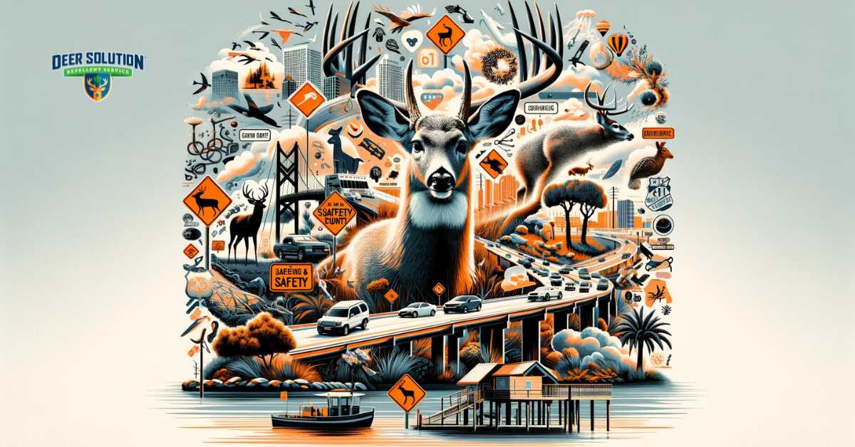 Image portraying symbolic traffic risks and ecological disruption in Orange County, reflecting the challenges of deer overpopulation on human safety and the natural environment