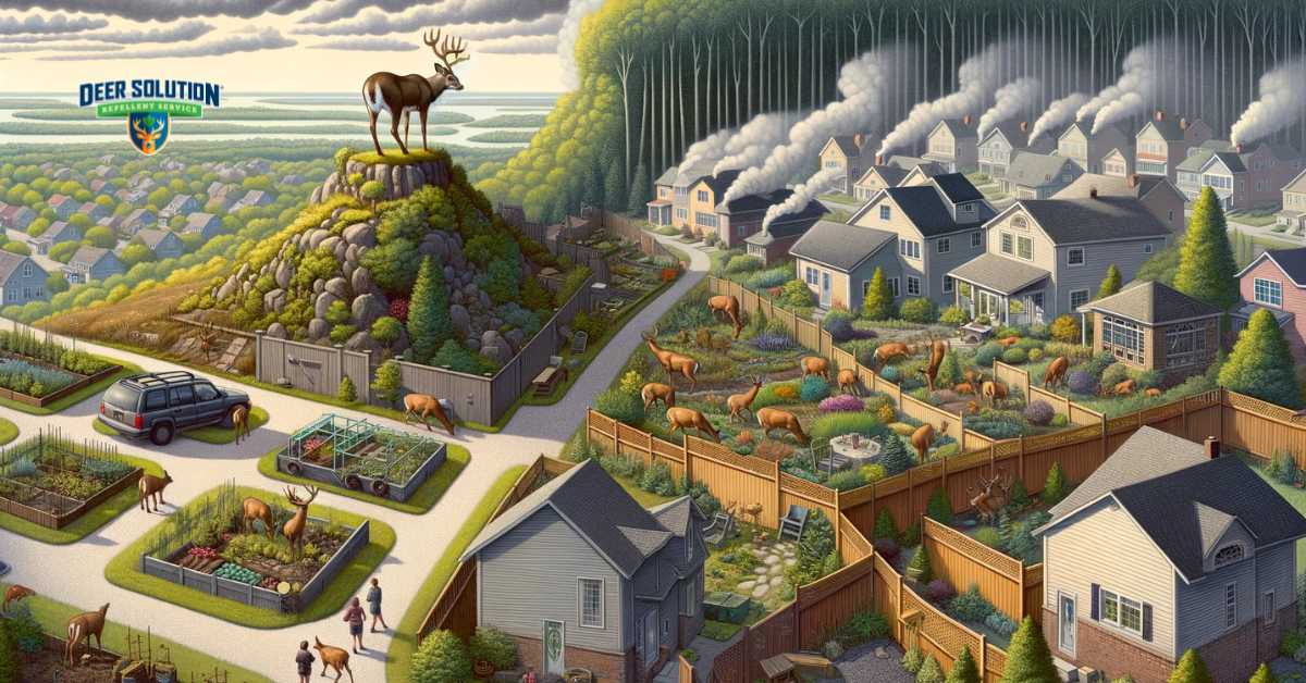 The scene captures the delicate balance in Providence County, with a suburban landscape featuring homes and gardens on one side and a natural wooded area with deer on the other. This imagery symbolizes the encroachment of wildlife into human habitats, portraying the coexistence and conflict between deer populations and residential communities. The image emphasizes the challenges and efforts to maintain harmony between preserving nature's beauty and ensuring the well-being of residential areas