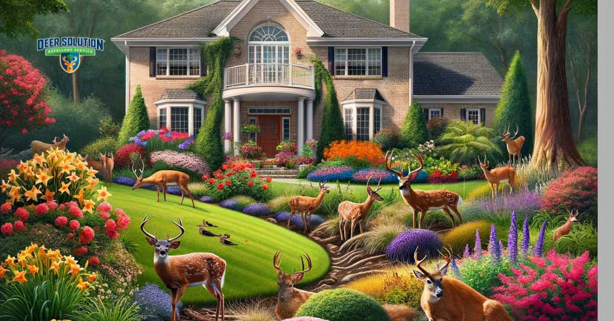 A picturesque front yard in Queens County with a variety of colorful, blooming flowers and shrubs, some showing signs of deer damage, and a few deer in the background, highlighting the resilience of the landscape amidst challenges