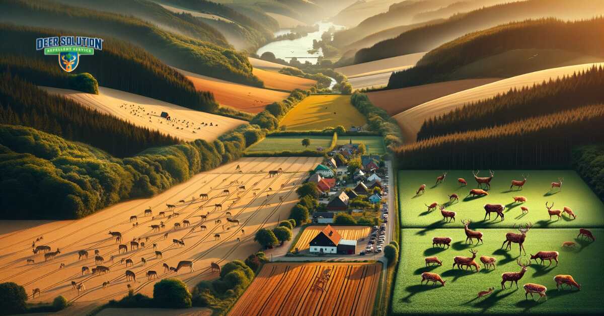 Image illustrating the tension between agricultural fields, showing signs of deer intrusion, and the natural habitats in Somerset County, symbolizing the effort to balance farming needs with wildlife conservation amidst rising deer numbers