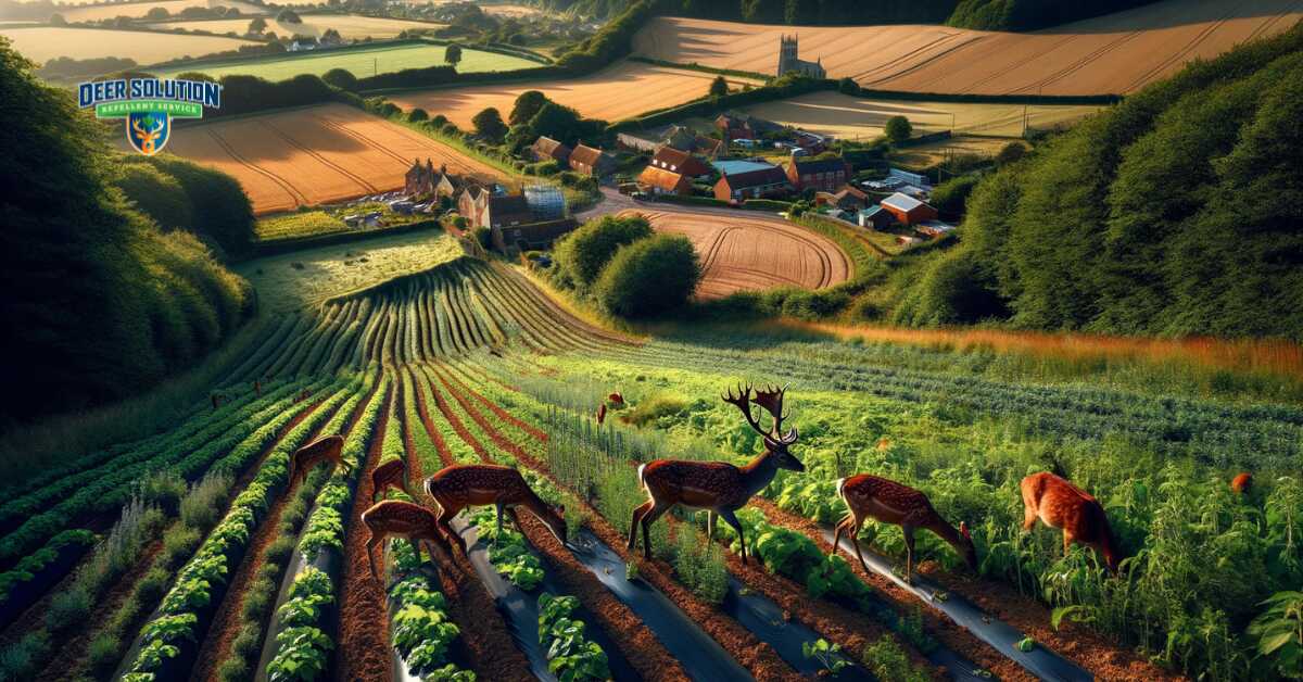 Scenic view of Sussex County, capturing 'Deer Conundrum' theme, illustrating the intricate balance between agriculture and wildlife with the impact of deer on rural landscapes and the concerted efforts for deer management
