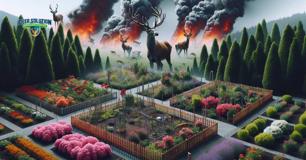 Image depicting disrupted garden landscapes in Talbot County, with symbolic barriers, illustrating the efforts to protect gardens from the effects of deer overpopulation