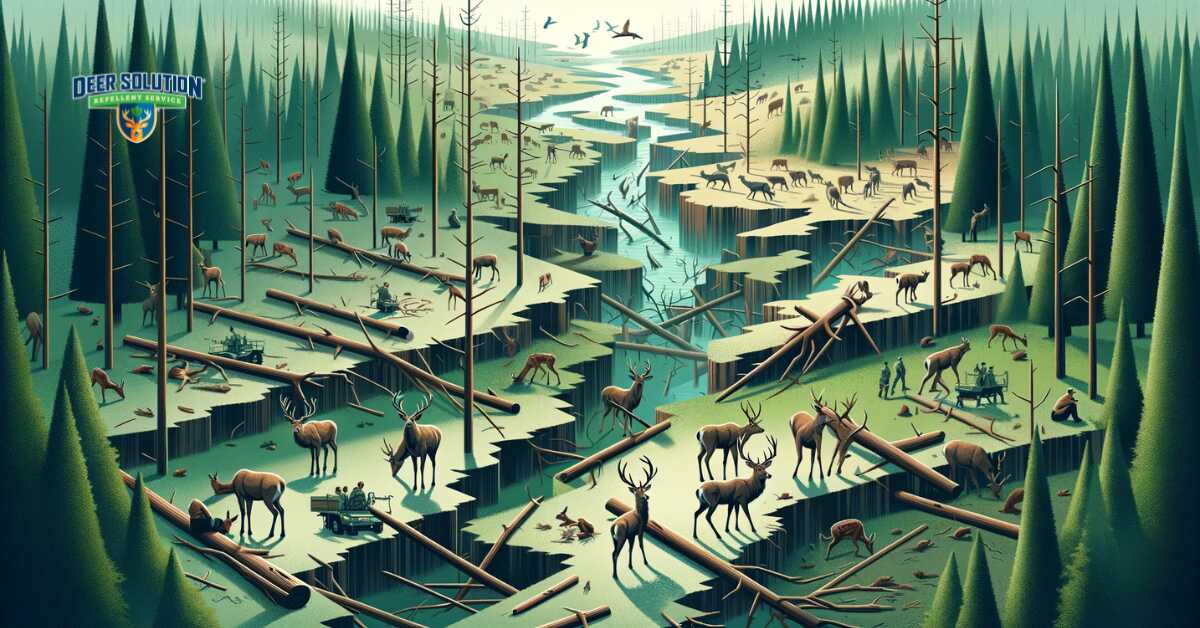 Symbolic depiction of crowded deer habitats and disrupted natural landscapes in Baltimore County, illustrating the tension and challenges in managing the deer overpopulation crisis