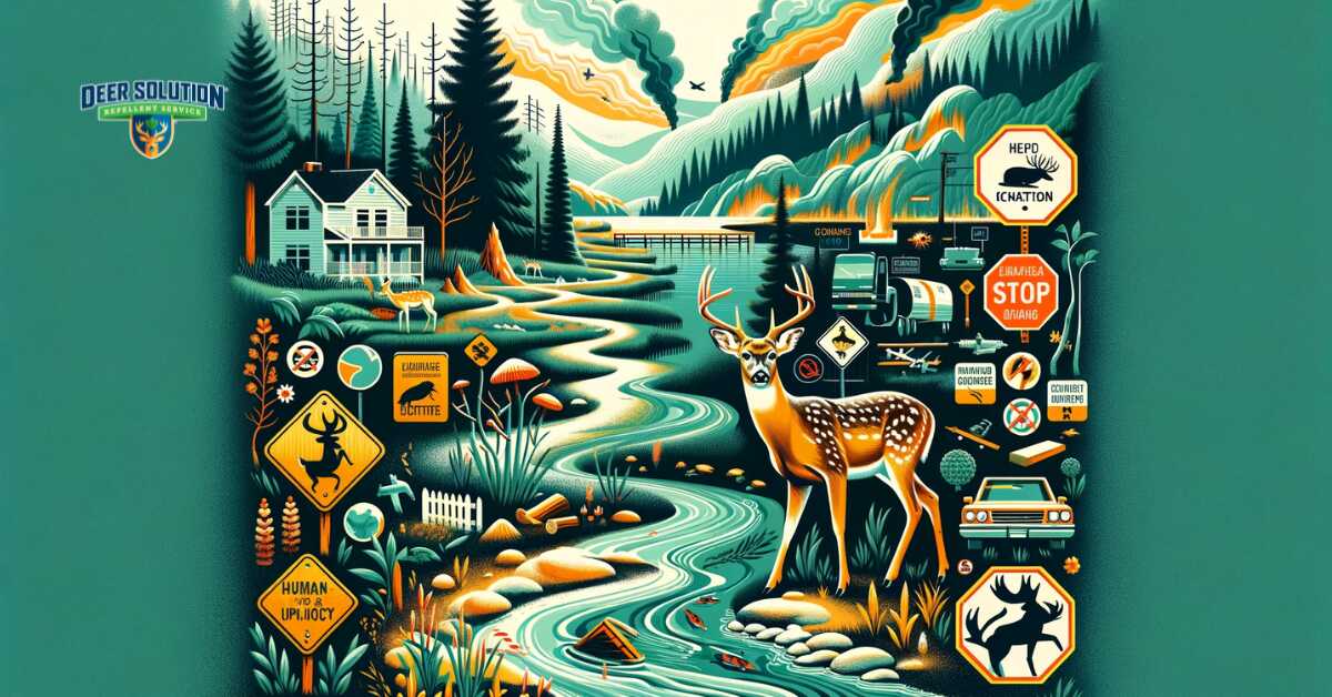 An image depicting the ecological disturbances and human impact in Ocean County due to deer overpopulation, showcasing altered landscapes, stressed vegetation, and signs of human-wildlife conflict