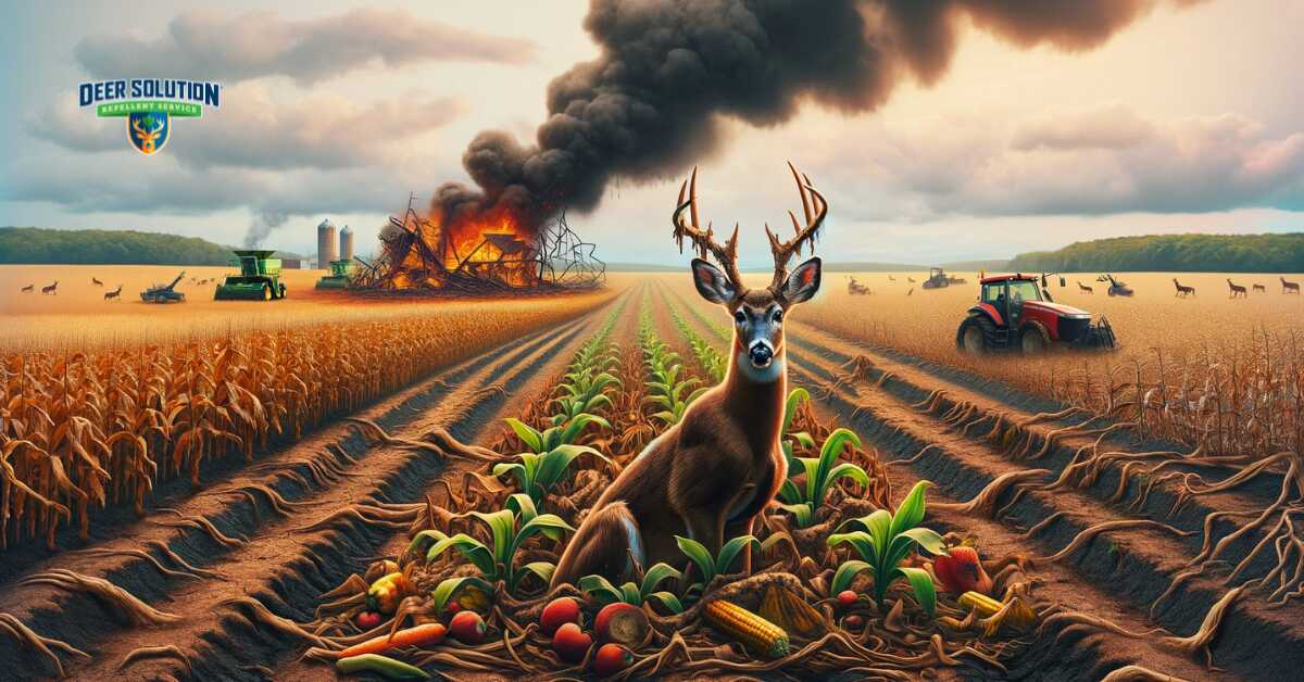 Symbolic representation of damaged crops and disrupted fields in Pennsylvania, depicting the severe impact and 'hidden plague' of deer damage on the state's agriculture