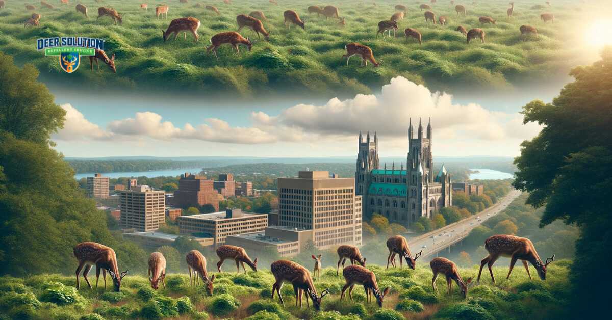 Landscape view of New Haven showcasing 'The Unseen Battle', depicting the subtle yet transformative impact of deer on urban green spaces, altering the dynamics and upkeep of parks and greenways