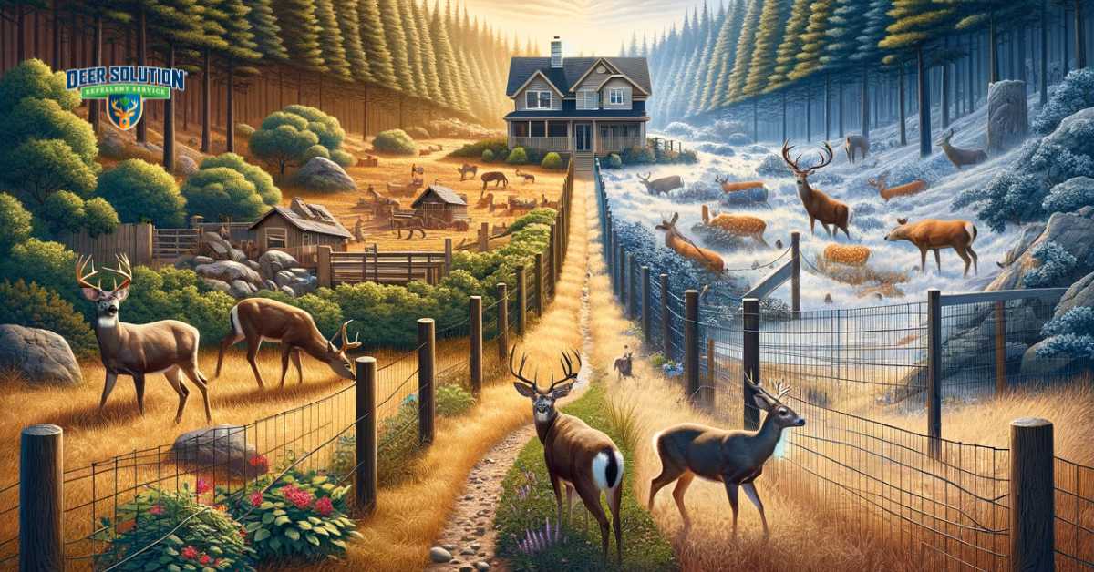 A landscape that captures the essence of Tolland County's deer dilemma, blending natural deer habitats with elements of human habitation. The scene includes deer within a setting that merges a residential area or garden, symbolizing the wildlife challenge. Visual hints of human solutions, such as fencing or deer-resistant plants, are also present. This image portrays the intricate balance required between preserving natural wildlife habitats and implementing human strategies for coexistence