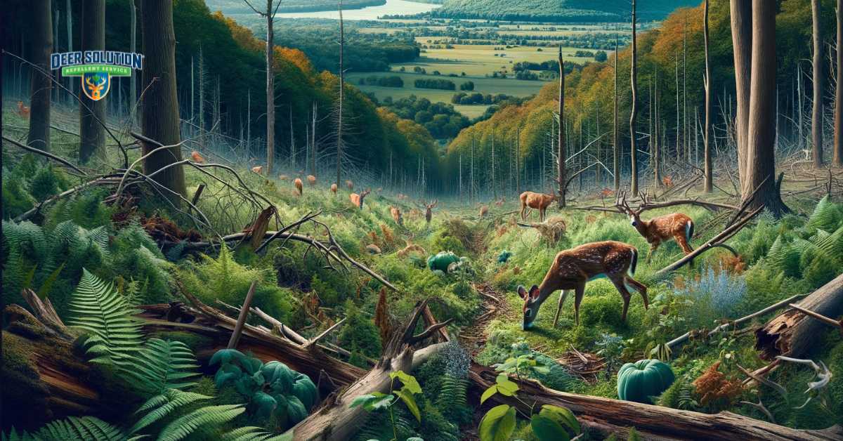 A landscape in Tompkins County illustrating the impact of deer overpopulation on plant and tree health. The scene shows a mix of damaged and healthy foliage, highlighting the contrast between areas affected by deer and those that are not. Signs of deer presence, such as deer in the background or evidence of browsing, are visible. The image captures the natural beauty of the county while emphasizing the ecological challenges posed by rampant deer