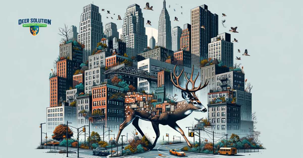 Image illustrating the interplay of urban and natural elements in Bronx County, NY, with abstract representations of deer in an urban landscape, highlighting the complex 'Urban Wilderness' created by deer overpopulation