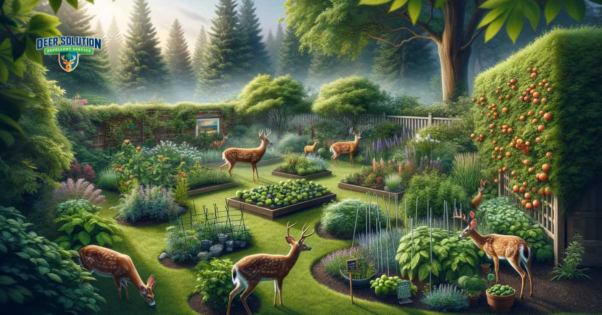 A garden in Wayne County depicts the effects of deer diets on plants, with some flora showing signs of deer nibbling. The image also showcases pioneering strategies for plant protection, such as fencing and natural repellents. Deer are present in the scene, emphasizing the dietary challenges they present. The garden maintains its beauty, highlighting the effectiveness of these innovative safeguarding techniques