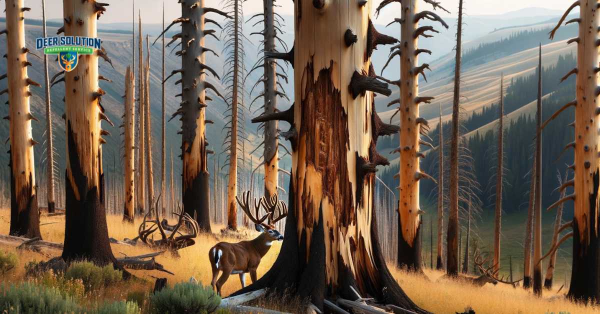 A Wyoming landscape that reveals the hidden damage deer inflict on trees, with a focus on trees showing signs of bark stripping, possibly from deer antlers. The presence of a deer with prominent antlers subtly underscores the complex relationship between these creatures and their environment. This image captures the dual narrative of environmental damage by deer and the intricate nature of their antlers in Wyoming's wilderness