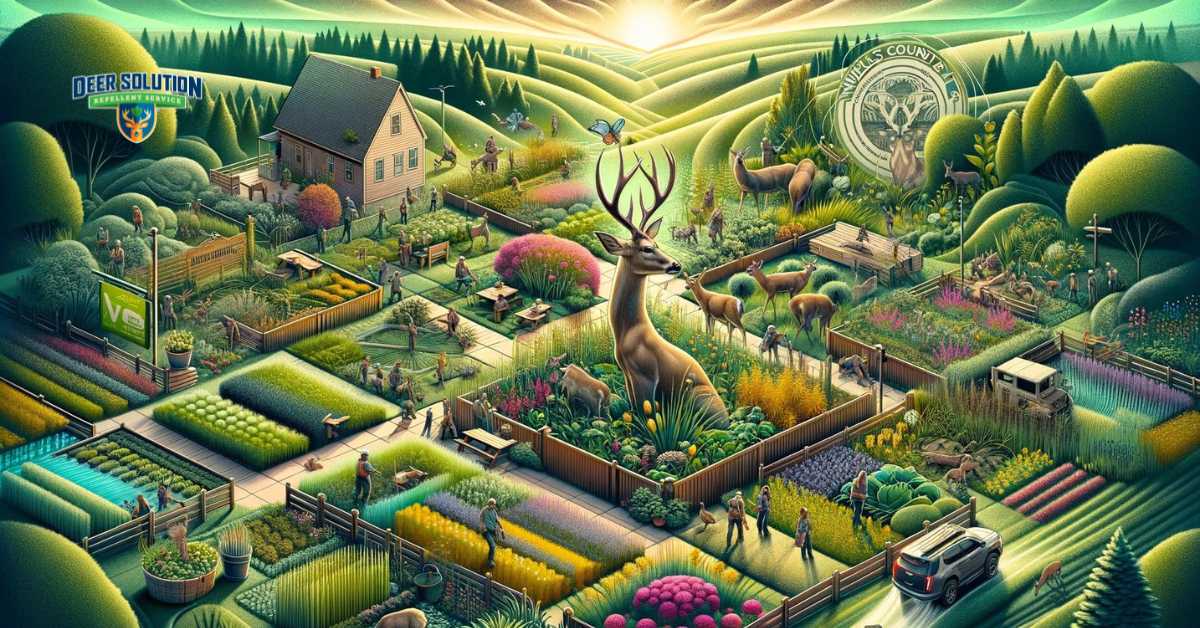 Visual portrayal of Wells County's response to deer damage, showcasing community-driven deer-resistant landscaping strategies to maintain beautiful front yard aesthetics while ensuring harmony with local wildlife