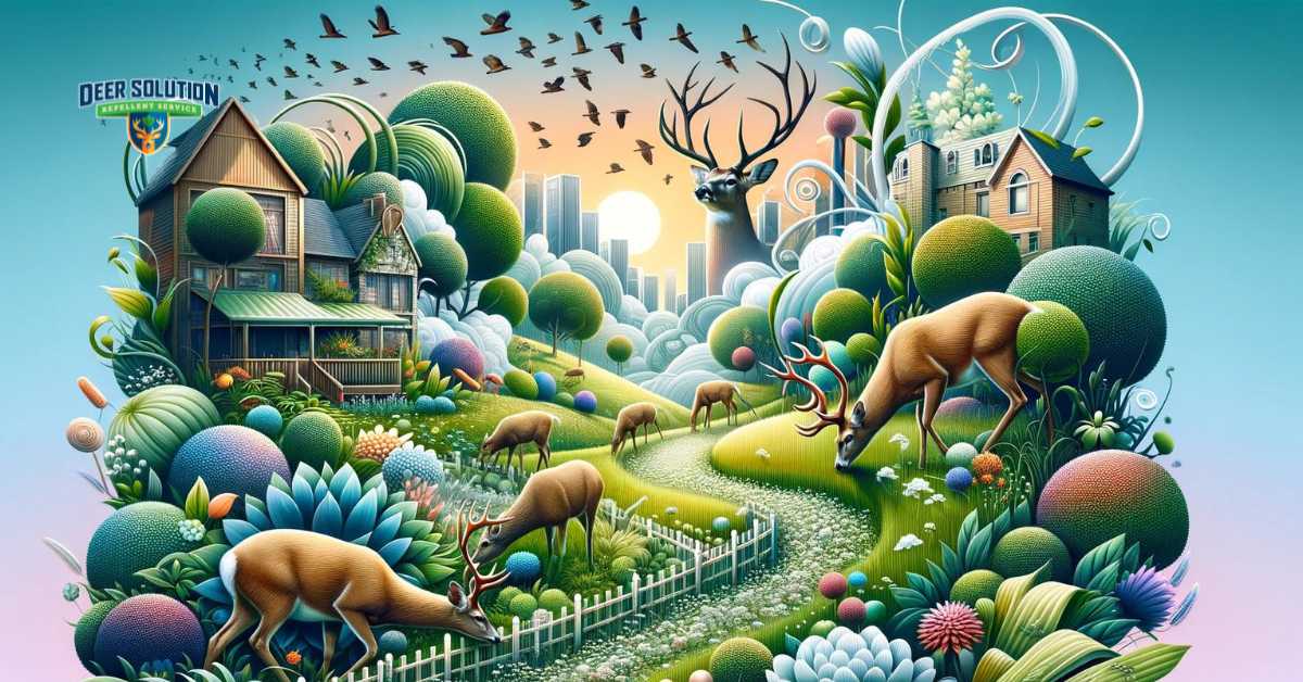 Illustration of Lee County, SC, grappling with deer visits, showcasing beautiful front yard landscaping juxtaposed with the serene presence of deer, recognized by their majestic antlers, highlighting the community's effort to protect local flora