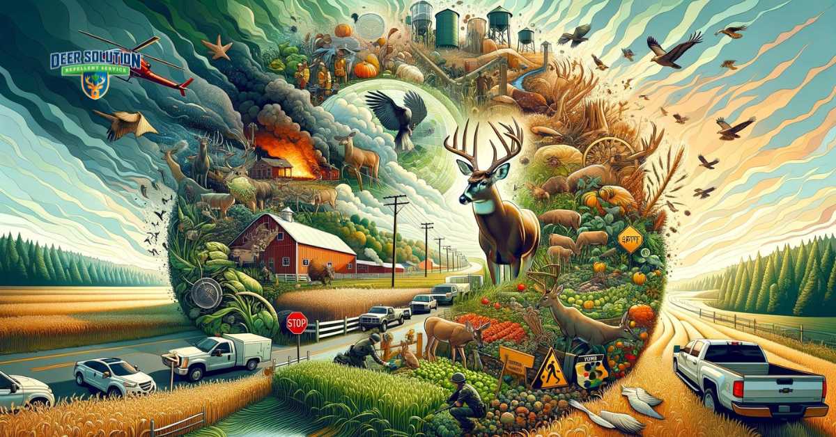 Illustration of the consequences of deer overpopulation in Person County, NC, focusing on the challenges to human communities and local ecosystems, with specific emphasis on initiatives to protect shrubs and natural habitats, showcasing the county's commitment to sustainable coexistence