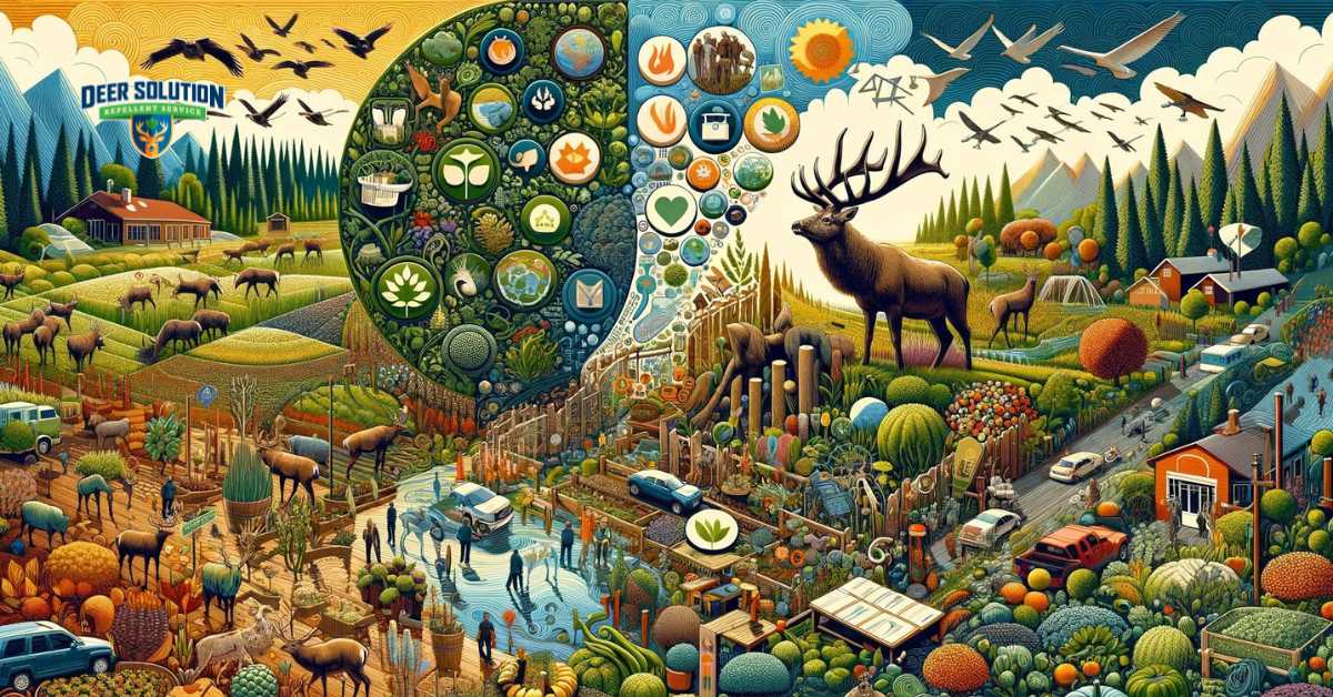 Abstract visualization of Randolph County, NC, addressing the challenge of deer overpopulation and its impact on local gardens, showcasing community-led garden deer protection initiatives and the quest for ecological balance