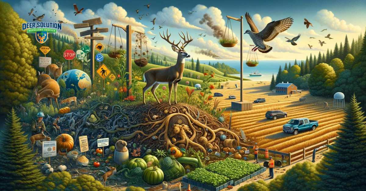 "Illustration of Somerset County, NJ, addressing the challenges of rising deer populations, with a focus on safeguarding shrubs through deer protection measures, depicting the collaborative efforts to maintain the ecological balance and preserve New Jersey's agricultural and environmental integrity