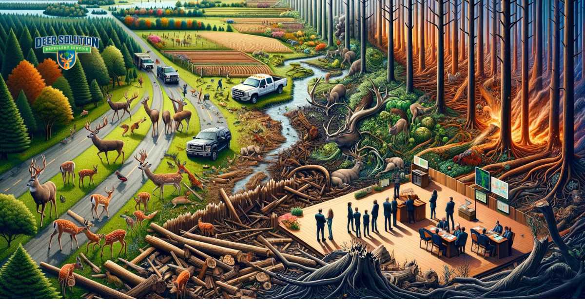 Visualization of Vance County, NC's struggle with deer overpopulation and its adverse effects on local vegetation, highlighting the community's efforts to address deer damage to trees and promote environmental sustainability