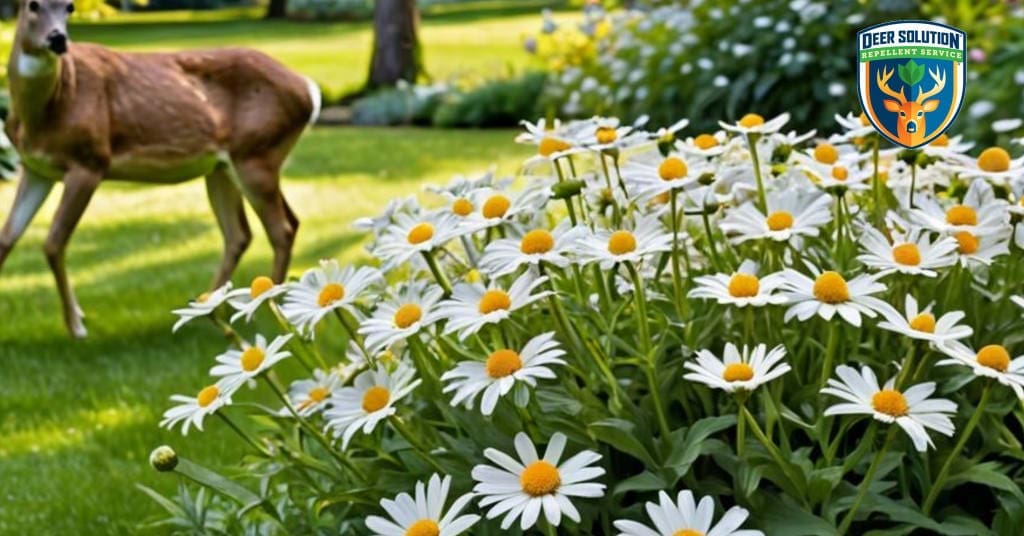 Vibrant garden with deer-resistant Shasta daisies and lush greenery, fostering harmony between flora and fauna through Deer Solution's eco-friendly repellent service.
