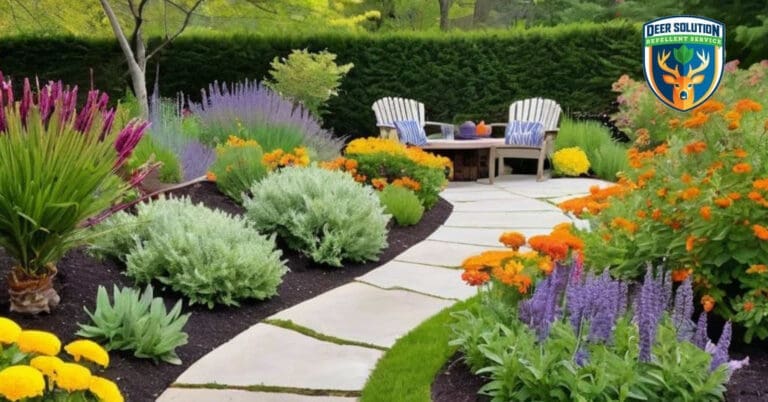 Sustainable garden with mint, marigolds, and lavender, showcasing Deer Solution's eco practices.