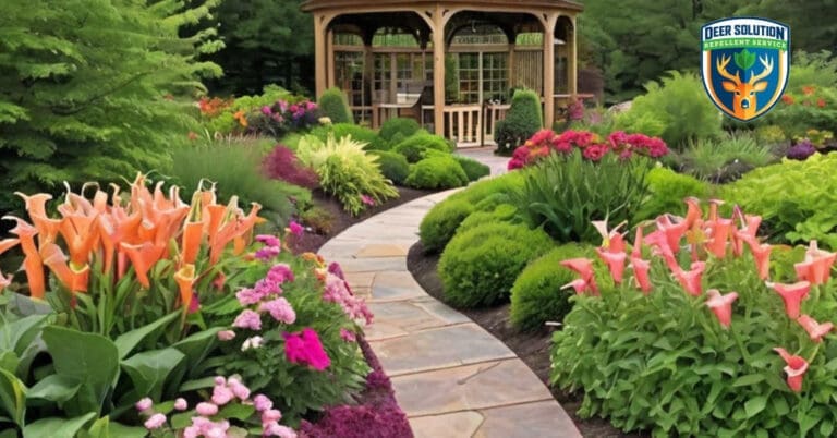 Vibrant garden with Angel's Trumpets, illustrating eco-friendly practices; do deer eat Angel's Trumpets?